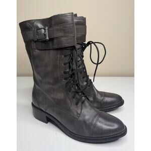 Cole Haan Air Joey Combat Boot Womens 8B Dark Grey Leather Side Zip Short Boot